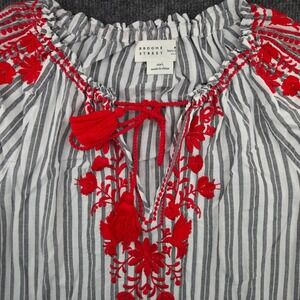 Kate Spade Broome Street Peasant Top Large Boho Stripe Red Embroidery L